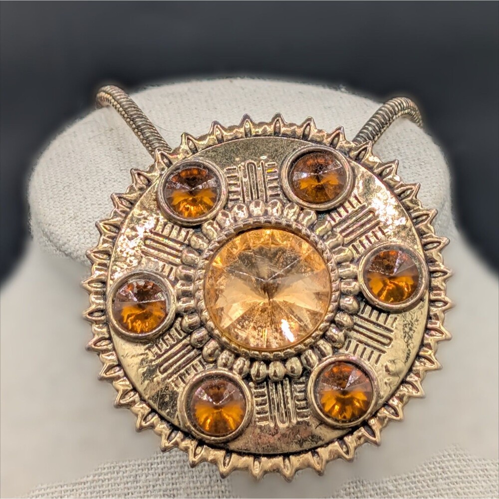 ​Vintage Gold Tone Faux Amber Sunburst Medallion Necklace Snake Chain